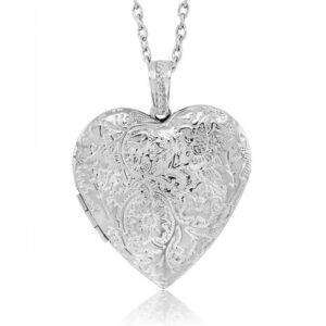 Locket Pendant Necklace Charm 1.5\” Engraved Flowers Heart Shape
